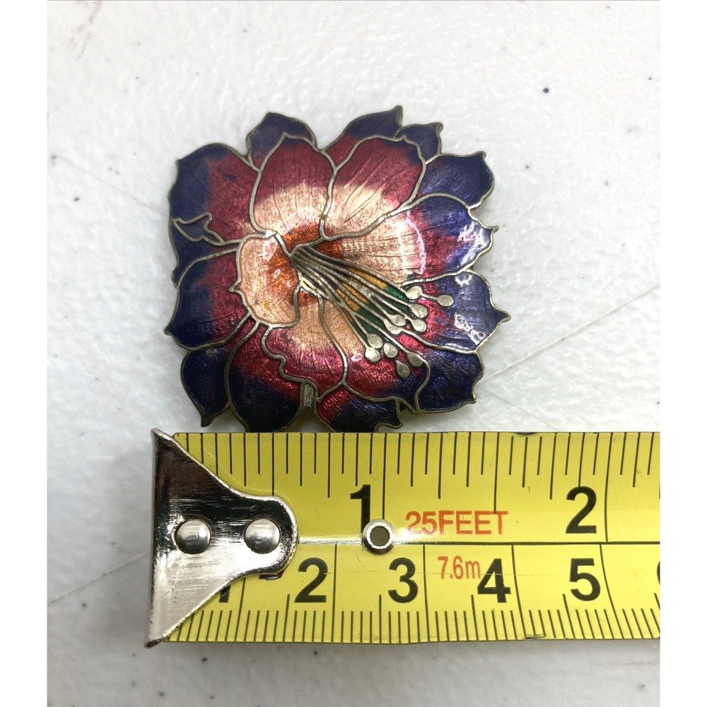 Vtg Silver Tone Purple Mauve Pink Cloisonne Enamel Hibiscus Flower Brooch Pin - Picture 7 of 7